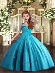 New Arrival Baby Blue Straps Neckline Beading Kids Pageant Dress Sleeveless Lace Up