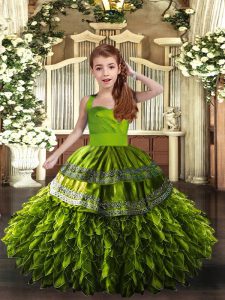 Olive Green Straps Neckline Ruffles Girls Pageant Dresses Sleeveless Lace Up