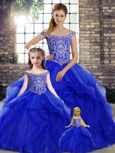 Royal Blue 15th Birthday Dress Tulle Brush Train Sleeveless Beading and Ruffles
