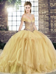 Admirable Off The Shoulder Sleeveless Quinceanera Gown Floor Length Beading and Ruffles Gold Tulle