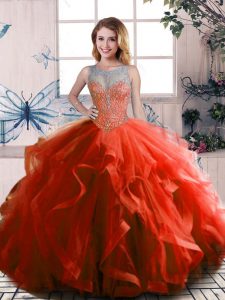 Best Rust Red Sleeveless Beading and Ruffles Floor Length Quinceanera Dress