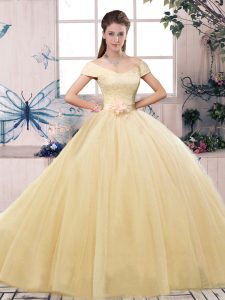 Lace and Hand Made Flower Sweet 16 Dress Champagne Lace Up Short Sleeves Floor Length