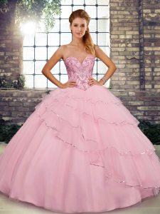 Delicate Baby Pink Sweetheart Lace Up Beading and Ruffled Layers Quinceanera Dresses Brush Train Sleeveless