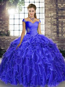 Decent Royal Blue Quinceanera Gowns Organza Brush Train Sleeveless Beading and Ruffles