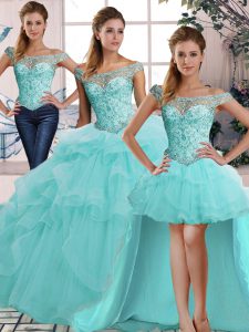 Glittering Off The Shoulder Sleeveless Quinceanera Dresses Floor Length Beading and Ruffles Aqua Blue Tulle