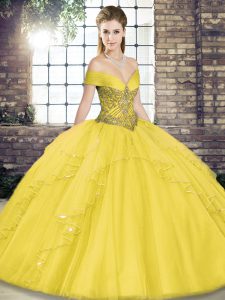 Luxury Gold Lace Up Off The Shoulder Beading and Ruffles Sweet 16 Dresses Tulle Sleeveless