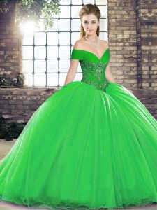 Custom Design Brush Train Ball Gowns Sweet 16 Dresses Green Off The Shoulder Organza Sleeveless Lace Up