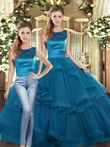 Teal Tulle Lace Up 15 Quinceanera Dress Sleeveless Floor Length Ruffles