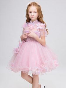 Mini Length Ball Gowns Short Sleeves Baby Pink Evening Gowns Zipper