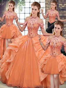 Trendy Sleeveless Organza Floor Length Lace Up Quinceanera Gowns in Orange with Beading and Ruffles