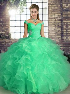 Discount Turquoise Sleeveless Organza Lace Up Ball Gown Prom Dress for Military Ball and Sweet 16 and Quinceanera