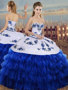 Super Sleeveless Floor Length Embroidery and Ruffled Layers Lace Up 15th Birthday Dress with Royal Blue