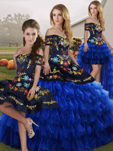 Traditional Off The Shoulder Sleeveless Lace Up 15 Quinceanera Dress Blue And Black Organza