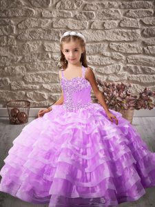 Lavender Lace Up Little Girls Pageant Dress Wholesale Beading and Ruffled Layers Sleeveless Brush Train