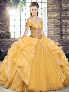 Captivating Beading and Ruffles Sweet 16 Dress Gold Lace Up Sleeveless Floor Length