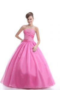Affordable Strapless Sleeveless Sweet 16 Dresses Floor Length Embroidery Rose Pink Organza