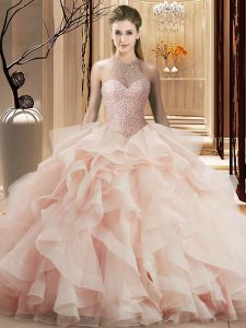Pink Organza Lace Up Halter Top Sleeveless Quince Ball Gowns Brush Train Beading and Ruffles
