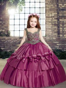 New Style Fuchsia Ball Gowns Straps Sleeveless Taffeta Floor Length Lace Up Beading Pageant Gowns
