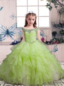 Customized Sleeveless Floor Length Beading and Ruffles Lace Up Little Girl Pageant Dress with Yellow Green