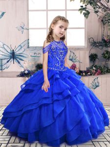 Royal Blue Lace Up Scoop Beading Little Girls Pageant Dress Organza Sleeveless