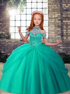 Stunning Turquoise High-neck Neckline Beading Little Girl Pageant Dress Sleeveless Lace Up