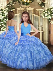 Blue Pageant Dress for Womens Party and Wedding Party with Ruffled Layers Halter Top Sleeveless Lace Up