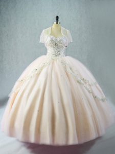 Most Popular Sweetheart Sleeveless Tulle Quince Ball Gowns Beading Lace Up