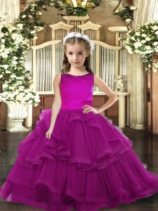 Purple Tulle Lace Up Pageant Gowns For Girls Sleeveless Floor Length Ruffled Layers
