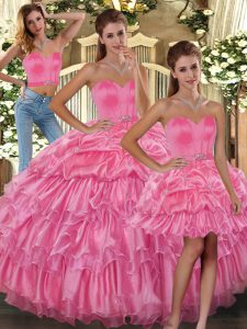 Custom Made Rose Pink Organza Lace Up Sweetheart Sleeveless Floor Length Quinceanera Gowns Ruffled Layers and Pick Ups