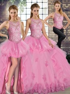 Gorgeous Floor Length Lace Up Sweet 16 Dress Rose Pink for Military Ball and Sweet 16 and Quinceanera with Lace and Embroidery and Ruffles
