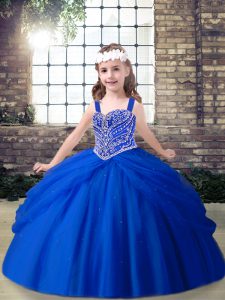Royal Blue Ball Gowns Tulle Straps Sleeveless Beading Floor Length Lace Up Pageant Dress