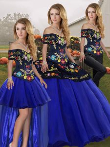 Colorful Floor Length Royal Blue Quince Ball Gowns Tulle Sleeveless Embroidery