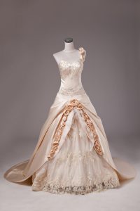 Popular Champagne Lace Up One Shoulder Embroidery and Hand Made Flower Sweet 16 Dresses Satin Sleeveless Brush Train