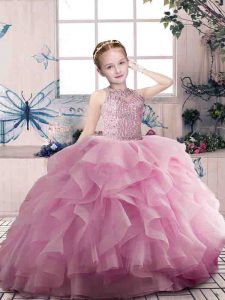 Pink Organza Zipper Scoop Sleeveless Floor Length Little Girl Pageant Gowns Beading and Ruffles