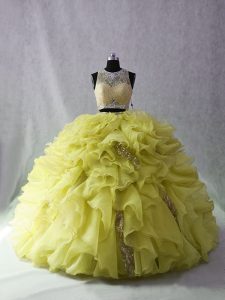 Scoop Sleeveless Organza and Sequined Quinceanera Dress Beading and Ruffles Brush Train Zipper