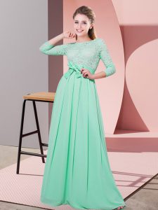 Lace and Belt Quinceanera Court of Honor Dress Apple Green Side Zipper 3 4 Length Sleeve Floor Length