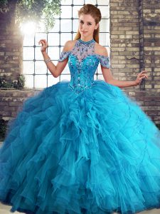 Sleeveless Tulle Floor Length Lace Up 15th Birthday Dress in Blue with Beading and Ruffles
