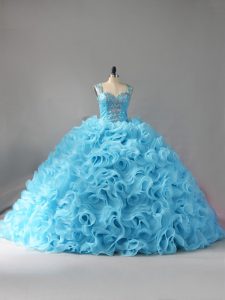 Baby Blue Ball Gowns Straps Sleeveless Fabric With Rolling Flowers Court Train Zipper Beading and Ruffles Quince Ball Gowns