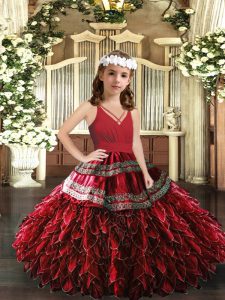 Excellent V-neck Sleeveless Pageant Dress for Teens Floor Length Appliques and Ruffles Red Organza