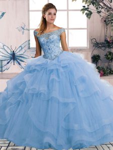 Custom Made Off The Shoulder Sleeveless Tulle Quince Ball Gowns Beading and Ruffles Lace Up