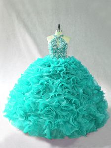 Nice Aqua Blue Ball Gowns Beading and Ruffles Quinceanera Dresses Lace Up Organza Sleeveless