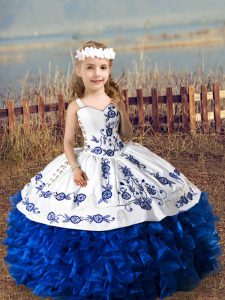 Nice Sleeveless Organza Floor Length Lace Up Little Girl Pageant Gowns in Royal Blue with Embroidery and Ruffles