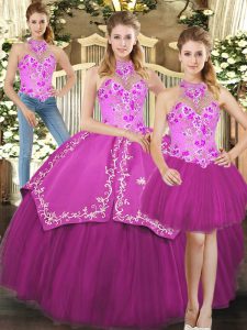 Halter Top Sleeveless Satin and Tulle 15 Quinceanera Dress Embroidery Lace Up