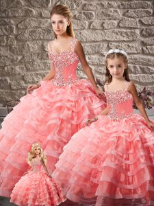 Watermelon Red Ball Gowns Beading and Ruffled Layers Sweet 16 Dresses Lace Up Organza Sleeveless