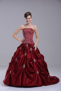 Wine Red Strapless Neckline Embroidery and Pick Ups Quince Ball Gowns Sleeveless Lace Up