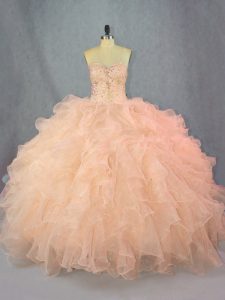 Edgy Peach Sweetheart Neckline Beading and Ruffles 15th Birthday Dress Sleeveless Lace Up