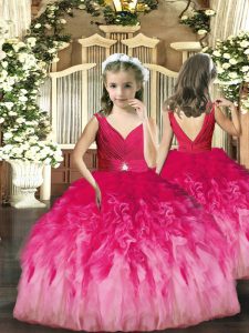 Affordable Sleeveless Tulle Floor Length Backless Little Girls Pageant Dress in Hot Pink with Beading and Ruffles