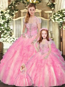 Stunning Baby Pink Sleeveless Beading and Ruffles Floor Length 15th Birthday Dress