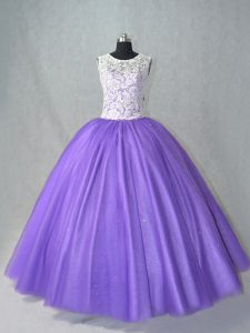 New Arrival Lavender Ball Gowns Tulle Scoop Sleeveless Lace Floor Length Lace Up Sweet 16 Dress