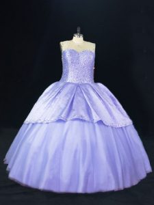 Fantastic Lavender Ball Gowns Scoop Sleeveless Tulle Floor Length Lace Up Beading 15 Quinceanera Dress